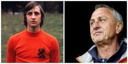 ídolo Johan Cruyff defendendo a camisa da seleção holandesa e na atualidade