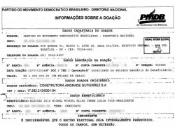 Recibo de doação da Andrade Gutierrez para o então candidato a vice-presidente Michel Temer