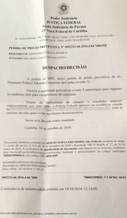 * Eduardo Cunha é preso a pedido do Juiz Moro.