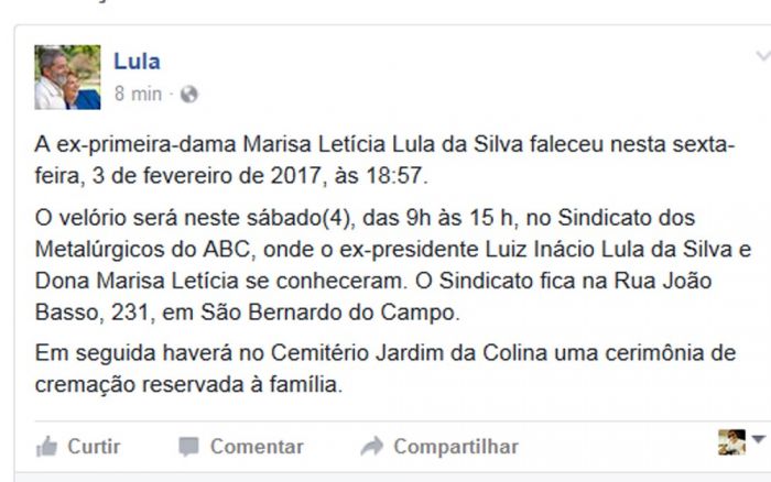 * Lula posta nas Redes Sociais morte de Marisa.