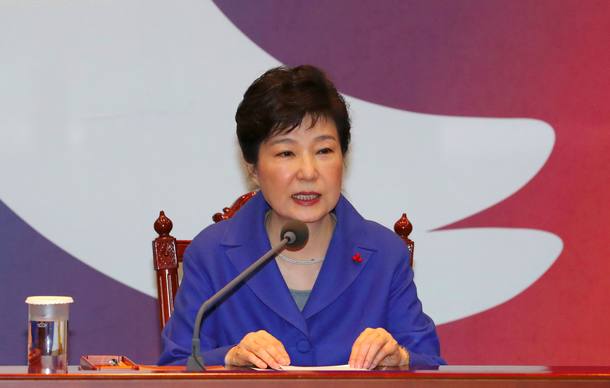 (FILES) This file photo taken on December 9, 2016 shows South Korea's President Park Geun-Hye speaks during an emergency cabinet meeting at the presidential Blue House in Seoul. South Korean President Park Geun-Hye was fired by the country's top court on March 10, 2017, as it upheld her impeachment by parliament over a wide-ranging corruption scandal. / AFP PHOTO / YONHAP / YONHAP