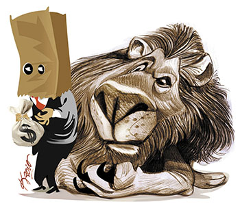 Crédito: Kacio Pacheco/CB/D.A Press. Político com sacola na cabeça leva um saco de dinheiro sendo observado por um leão, representando a Receita Federal.