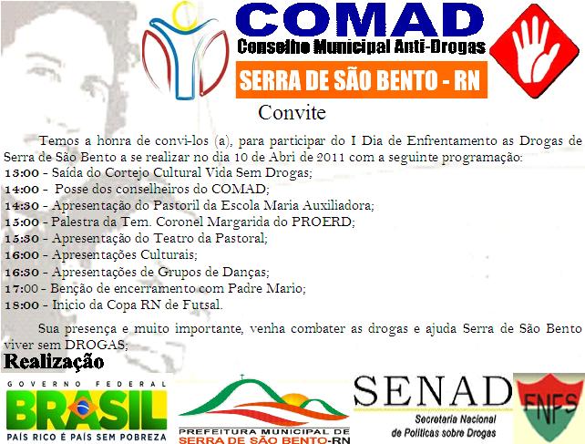 Convite COMAD Serra de São Bento realiza evento de combate às drogas