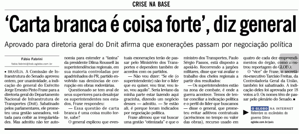 manchete general Novo diretor do DNIT e ex-comandante do 1° BEC diz que a lama continua