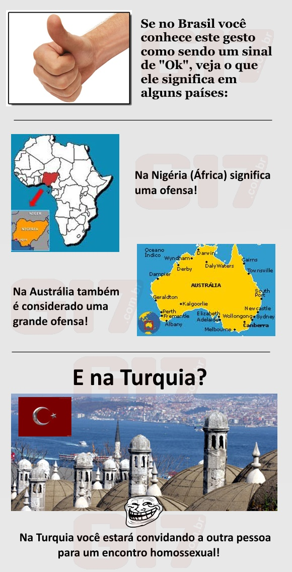 Levantar o polegar nem sempre tem o mesmo significado. Cuidado!