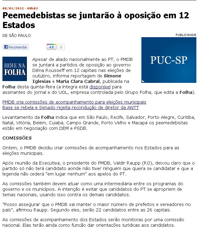 MÃ­dia Nacional destaca uniÃ£o do PMDB e PT em Natal