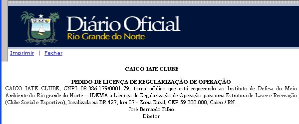 CaicÃ³ Iate Clube entra com pedido de licenÃ§a junto ao IDEMA