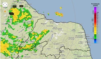 A imagem do Radar da FUNCEME (Fundação Cearense de Meteorologia) mostra a formação de chuva decorrente da atuação do vórtice ciclônico de ar superior