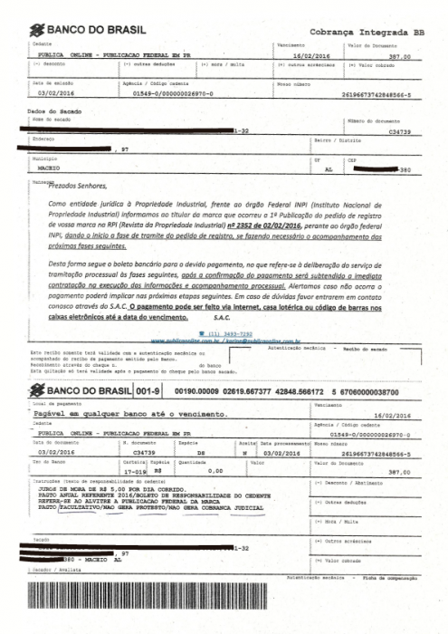 Boleto falso inpi.Reprodução