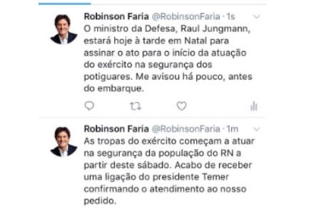 Robinson diz que Exército chega no sábado