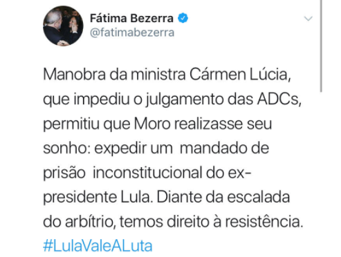 FÃ¡tima diz que PT tem direito a resistÃªncia