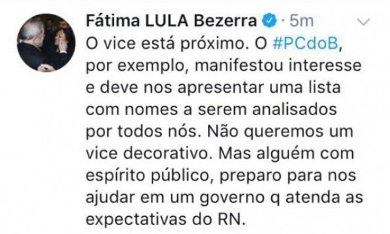 FÃ¡tima Bezerra no twitter: o vice estÃ¡ prÃ³ximo