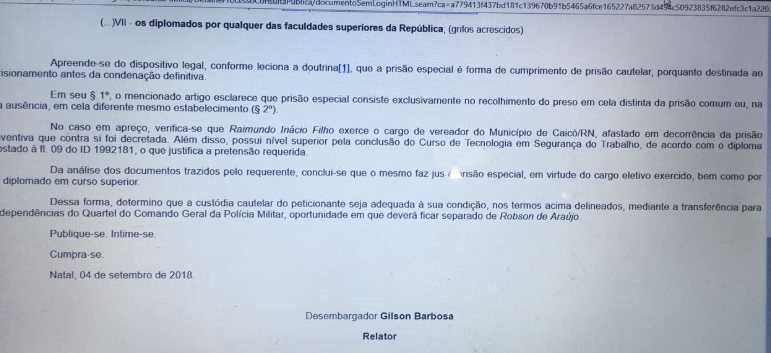 Vereador caicoense deixa presÃ­dio e vai para Quartel da PM