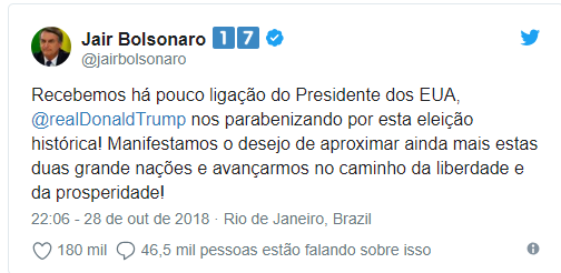 Trump parabeniza Bolsonaro: âBrasil e EUA vão trabalhar juntosâ