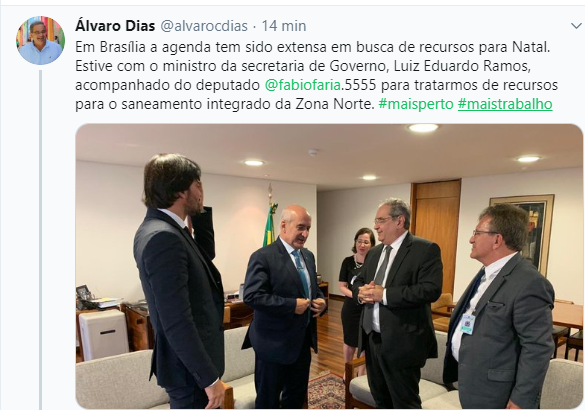 Twitter do prefeito de Natal: agenda em busca de recursos para a Capital