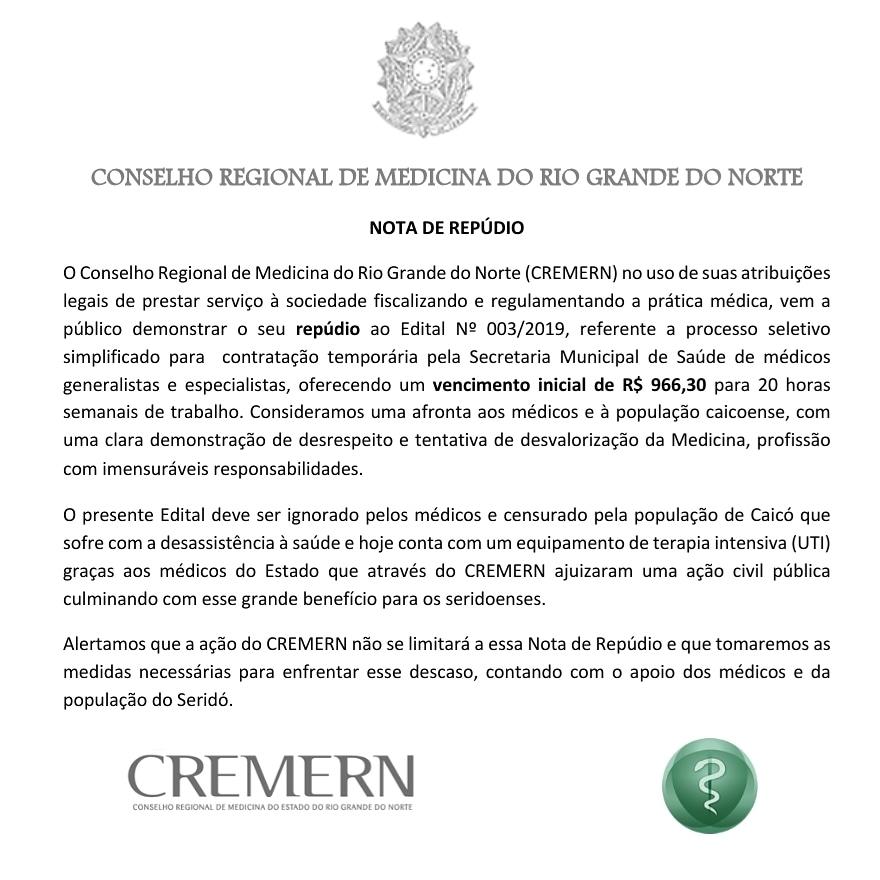 Cremern solta nota de repúdio contra processo seletivo da prefeitura de Caicó