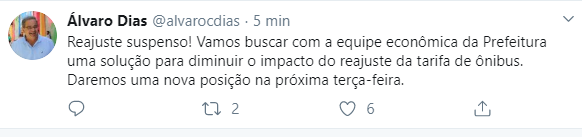 Prefeito de Natal diz no Twitter que reajuste de tarifas de Ã´nibus foi suspenso
