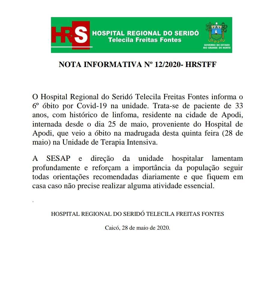 6° óbito por Covid-19 em Caicó hoje (28)