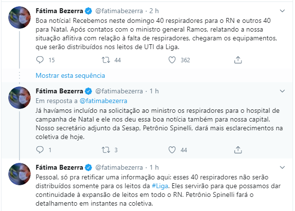 No twitter: Fátima confirma chegada de 80 respiradores do Governo Federal para o RN