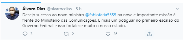 No Twitter: Ãlvaro Dias deseja sucesso a FÃ¡bio Faria