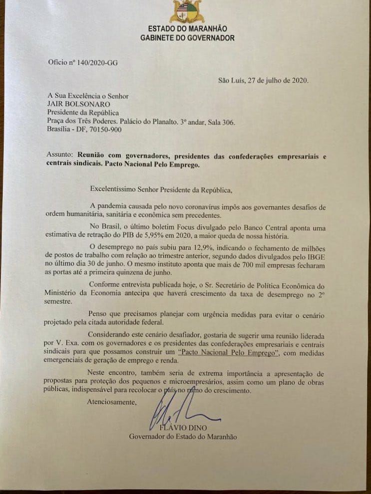 Estão abrindo? Dino propõe a Bolsonaro reunião com governadores e Pacto Nacional pelo Emprego