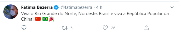 Fátima Bezerra no Twitter: viva a China!