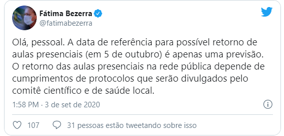 Volta as aulas dia 5 de outubro: Fátima dá